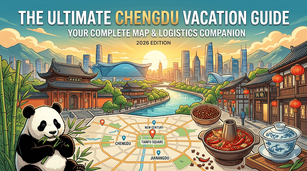 Chengdu 2026 travel guide cover: Giant panda, Sichuan hot pot, ancient temple, and Chengdu city rings map.